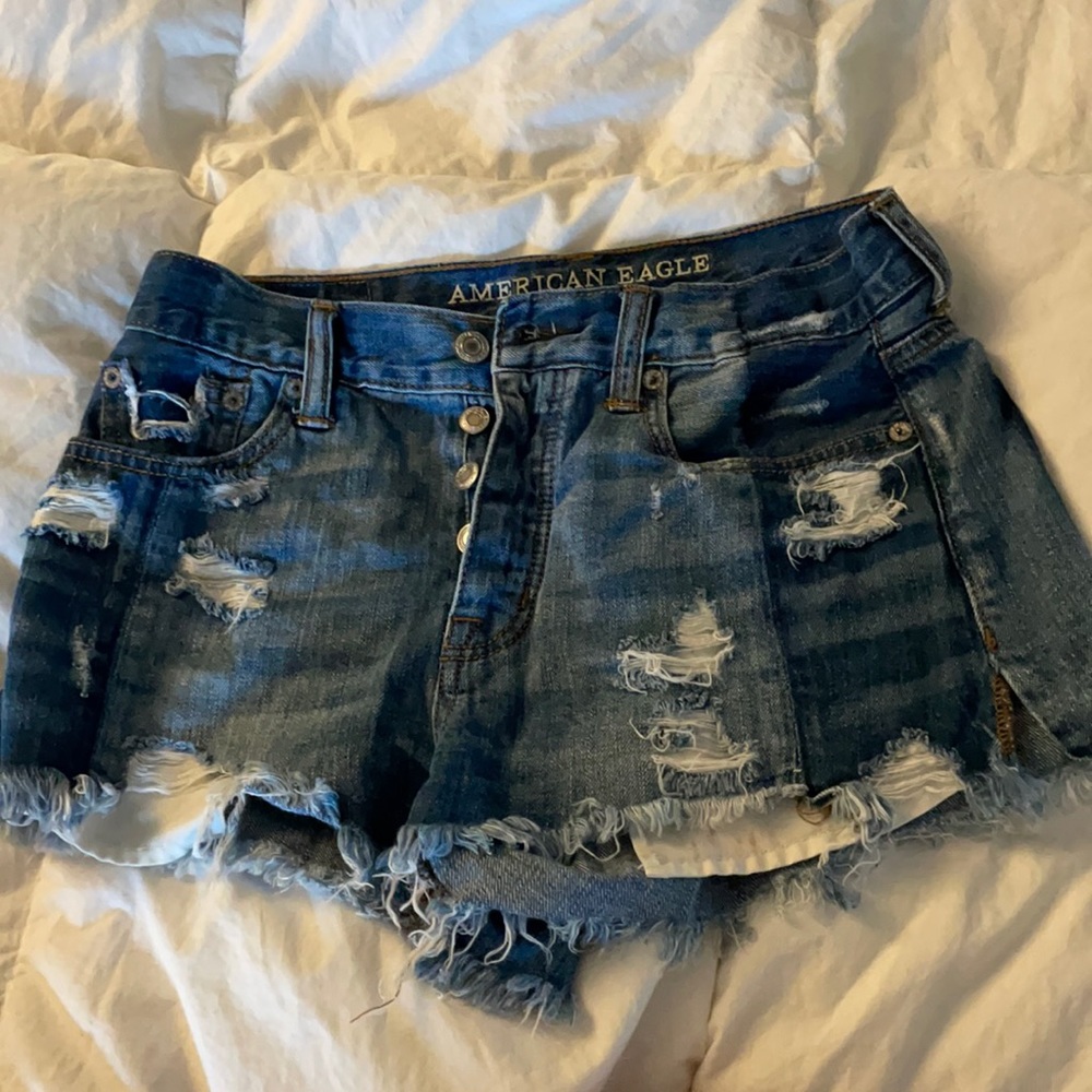 Stretch Hi-Rise Distressed Color-block Shorts